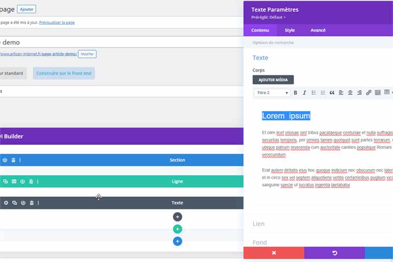 Divi, interface de paramétrage d'un module, Art-In, conception de site web